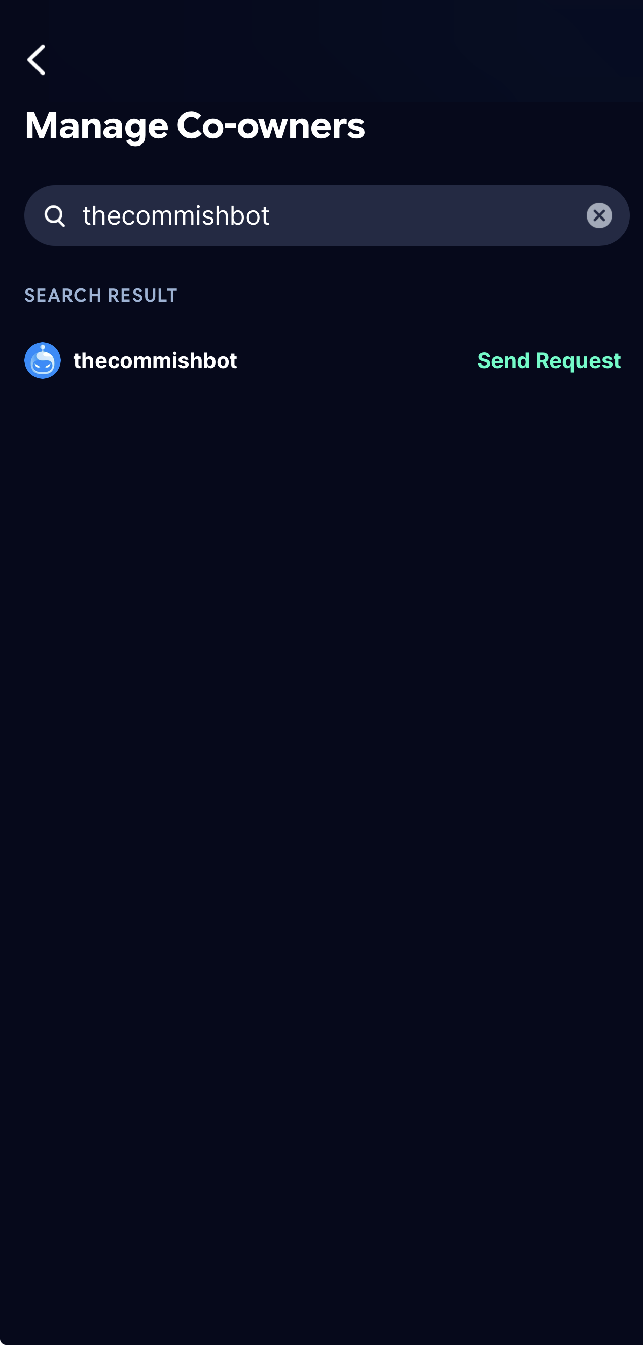 The co-owner search in the Sleeper app with the bot's handle typed in and its account showing as the result.