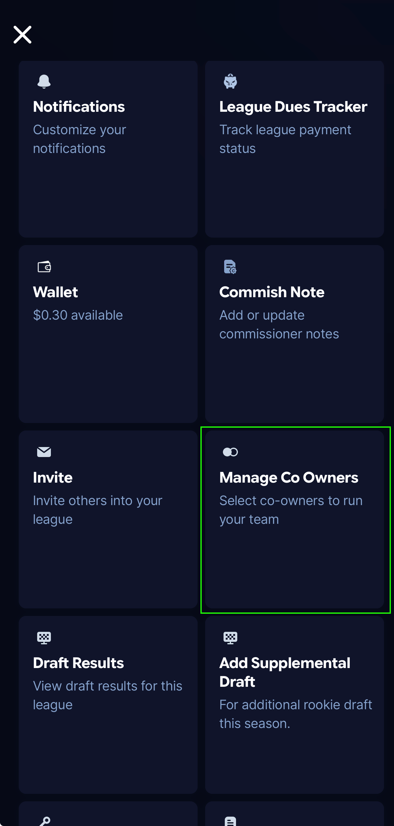 A team's manager settings in the Sleeper app, with the add-co-owner option circled.