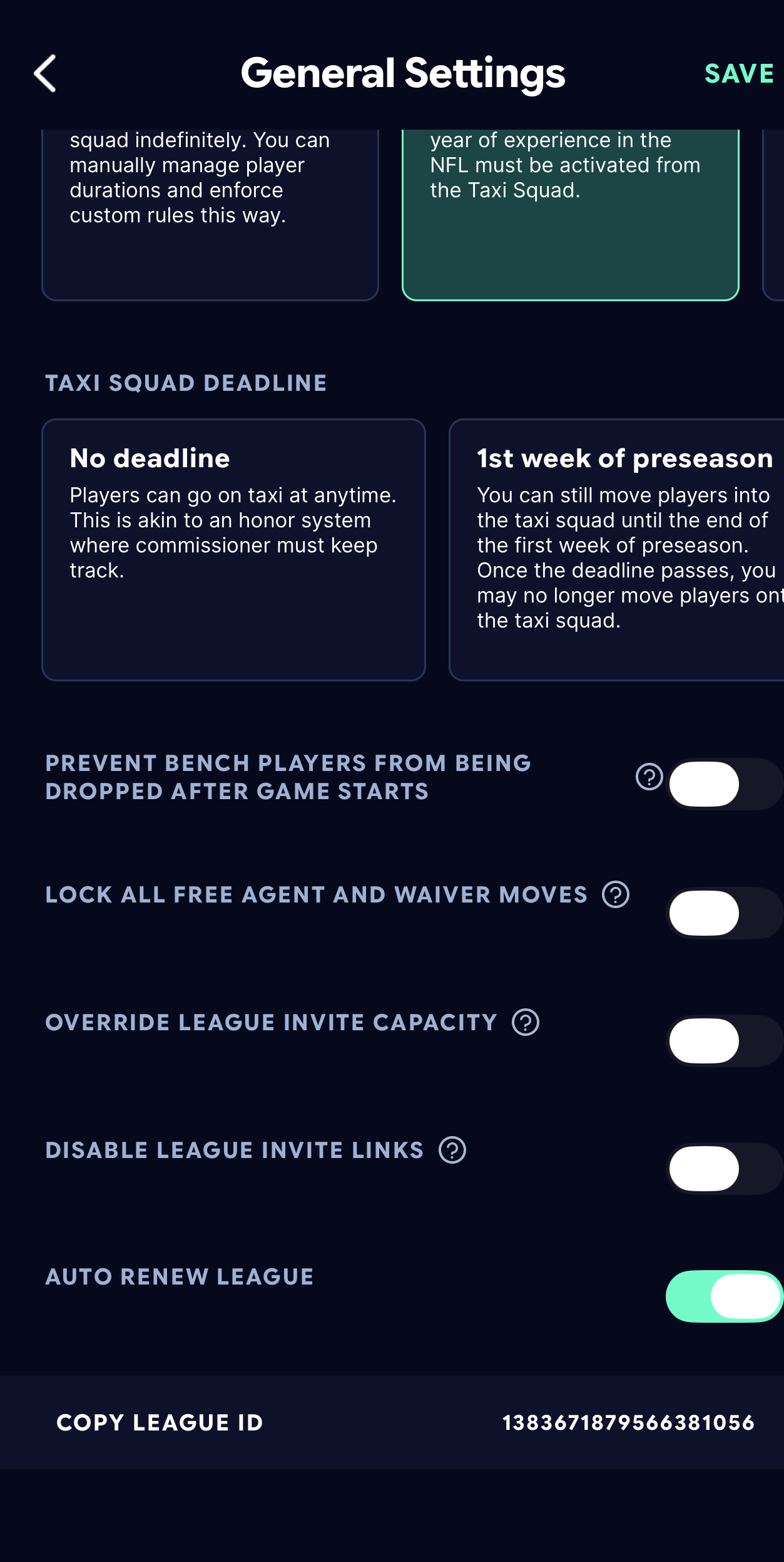 The bottom of General Settings in the Sleeper app, showing a Copy League ID row with the league's number beside it.