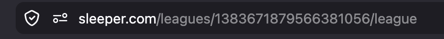 A browser address bar showing sleeper.com/leagues/, then a long number, then /league.